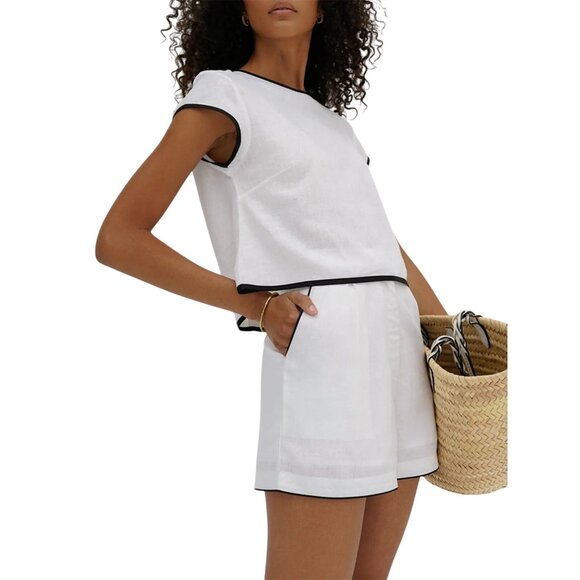 NWT Commense Womens White & Black Trim 100% Cotton Shirt + Shorts Set Size Med. - Picture 2 of 7